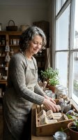 Senior woman with gray curly hair, Caucasian ethnicity, wearing linen apron, arranging potted plants and gardening supplies on windowsill in home interior.