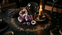 Mystical fortune telling setup with crystal ball, amethyst stones, burning candle and ancient books on dark wooden table for divination practices.