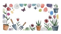 Watercolor spring gardening frame with potted plants, flowers, butterflies and tools on white background for seasonal design projects.