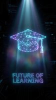 Futuristic holographic graduation cap with neon wireframe design and glowing light beam for digital education and online learning concepts.