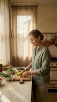 Middle-aged Caucasian woman preparing fresh vegetables in warm sunlit kitchen with natural lighting and rustic home cooking atmosphere.