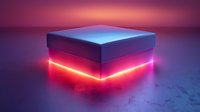 Glowing neon box with red light effect on dark background, futuristic platform with luminous elements against purple sunset atmosphere.