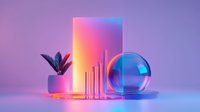 Futuristic composition with metallic cylinders, glass sphere and potted plant in neon pink and blue lighting creating modern minimalist aesthetic for design projects.