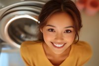 Young Asian woman in yellow sweater smiling warmly at camera with genuine happiness and positive energy, close-up portrait with soft natural lighting.