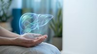 Holographic liver organ floating above open hands in medical healthcare concept for hepatology treatment and wellness education.