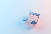 Glossy musical note symbol on gradient blue and pink background with soft lighting and reflection, minimal composition for music and entertainment concepts.