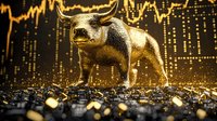 Golden bull statue against financial chart background with scattered gold coins, symbolizing wealth, prosperity and bullish stock market trends on dark background.