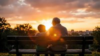 Father and son sitting together on park bench during golden hour sunset creating warm family bonding moment with dramatic sky and sunlight flare.