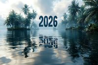 Number 2026 reflected in calm tropical waters with palm trees and misty atmosphere, creating serene new year backdrop for seasonal greetings and calendar designs.