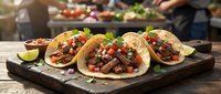 Delicious street food tacos with seasoned meat, fresh vegetables, and lime served on wooden board for restaurant menus and food blogs.