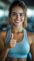 Young athletic woman in turquoise sports bra showing thumbs up with genuine smile at gym. Positive fitness lifestyle portrait with natural bokeh background.