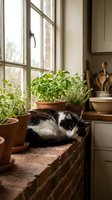 Black and white cat sleeping peacefully on kitchen windowsill surrounded by fresh herb plants in terracotta pots creating cozy domestic atmosphere.
