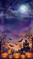 Spooky haunted mansion silhouette with glowing jack-o-lanterns, bare twisted trees, flying bats, and full moon in starry night sky. Watercolor style artwork for seasonal decorations and designs.
