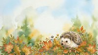 Young hedgehog surrounded by autumn foliage and wildflowers in watercolor style, ideal for children's book illustrations, nursery decor, and seasonal greeting cards.