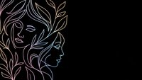 Elegant line art of two women with flowing hair and botanical elements on black background for modern design projects.