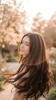 Young woman with long brown hair enjoying golden hour sunlight in outdoor natural setting with warm bokeh background.
