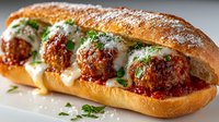 Homemade meatball submarine sandwich with melted cheese, marinara sauce and fresh herbs on crusty bread, served as comfort food.