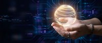 Businesswoman holding glowing digital sphere with circuit patterns, representing innovation, technology, and data solutions for corporate and tech industry marketing.