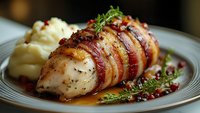 Bacon-wrapped chicken breast with herbs and pomegranate seeds served alongside creamy mashed potatoes on gray plate, garnished with fresh thyme sprigs.
