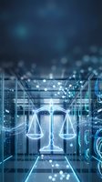 Digital justice scales glowing in futuristic data center with network connections and circuit patterns for legal technology and law firm presentations.