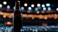 Cold beer bottle with water drops on dark background with bokeh lights and ice cubes, moody atmospheric beverage photography for restaurant menu or advertising.