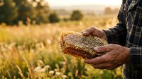 Farmer holding harvested grain crop in hands over golden field during harvest season, agricultural work and farming concept.