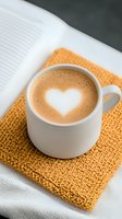 White ceramic cup of cappuccino with heart-shaped latte art foam placed on orange knitted coaster. Coffee break concept for cafe and restaurant promotion.