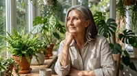 Mature woman with long gray hair and light skin tone sitting indoors surrounded by potted plants near windows, resting chin on hand in thoughtful pose, wearing casual beige shirt.
