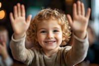 Cheerful young child with curly blonde hair wearing beige sweater showing palms and waving hands with bright genuine smile against blurred background.
