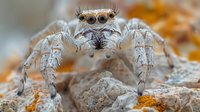 Extreme close-up macro photograph of jumping spider with orange eyes on rocky surface. Detailed view shows intricate hair patterns and multiple eyes in sharp focus.