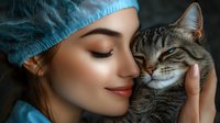 Young Asian woman in medical scrubs cap sharing tender moment with gray tabby cat, eyes closed in peaceful expression against dark background, emotional pet bond.