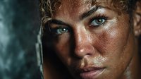 Close-up portrait of athletic Caucasian woman with wet curly hair and water droplets on face after intense workout or swimming session.