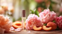 Elegant perfume bottle with fresh peach slices and pink peonies on wooden surface, creating luxurious beauty product composition.