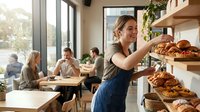 Caucasian female baker in apron arranging fresh croissants on shelf in modern bakery cafe with customers dining in background, small business hospitality setting.