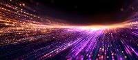 Abstract technology background with glowing purple and orange light trails radiating from center point against dark backdrop, creating dynamic motion effect.