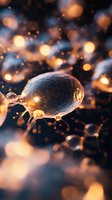 Microscopic view of glowing cell structure with golden bokeh light effects against dark background, showcasing scientific research and biological processes.