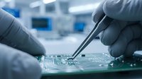 Close-up of technician hands in gloves using precision tweezers to repair electronic circuit board in modern laboratory setting for technology maintenance.