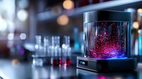 Glowing pink particles floating in illuminated glass container against dark background with bokeh lights creates futuristic scientific atmosphere.