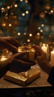 Hands exchanging golden gift box with ribbon against blurred Christmas lights background, creating warm festive atmosphere for holiday celebrations.