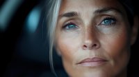 Close up portrait of mature Caucasian woman with striking blue eyes and natural makeup in moody lighting showing confidence and wisdom gained with age.