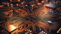 Close-up of copper circuit board with intricate electronic pathways and warm bokeh lights creating a futuristic technology atmosphere for digital design.