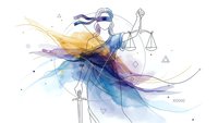 Lady Justice with blindfold and scales in abstract watercolor style with flowing colorful brushstrokes and geometric elements for legal design.