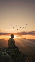 Young man sitting on mountain rock watching sunset with flying birds overhead in peaceful contemplation scene for wellness and mindfulness concepts.