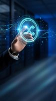 Businessman hand holding glowing digital growth arrow icon with blue holographic interface in server room environment for technology and business success concepts.