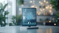 Desktop monitor displaying glowing digital particles and data visualization on screen, surrounded by festive bokeh lights and green plants in modern office workspace.