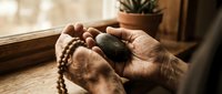 Elderly hands holding smooth black stone in cupped palms with wooden prayer beads nearby, symbolizing meditation, mindfulness and spiritual wellness practices.