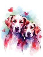 Two adorable dogs in watercolor style with floating hearts, romantic pet portrait for Valentine's Day cards, love themed designs and couple gifts.