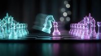 Glowing neon chess pieces in cyan and purple colors on dark board with bokeh lights creating futuristic gaming atmosphere for strategic thinking concepts.