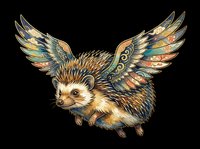 Flying hedgehog with ornate colorful wings, isolated on transparent background, ready for t-shirt design, stickers, clipart, print on demand, and sublimation projects.