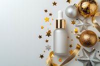 Luxury skincare serum bottle with gold dropper surrounded by festive ornaments, stars, and ribbons on white background for holiday beauty campaigns.